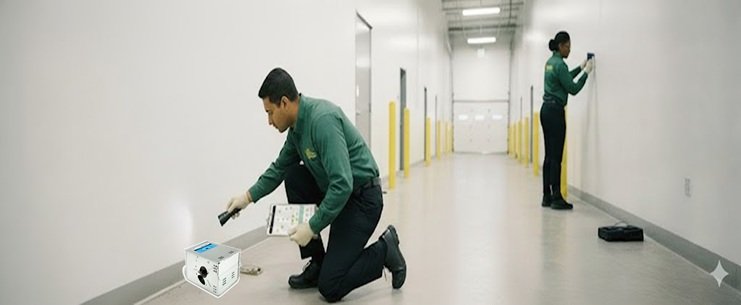 SafeCore technician inspecting bait station in warehouse facility