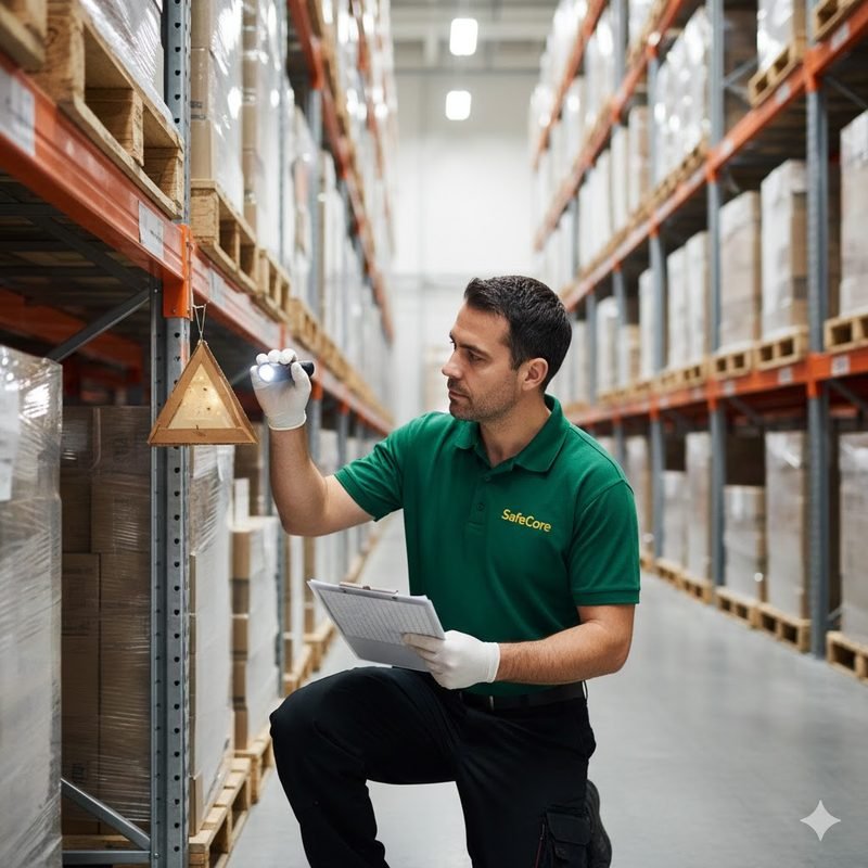 SafeCore technician checking pheromone trap in warehouse racking